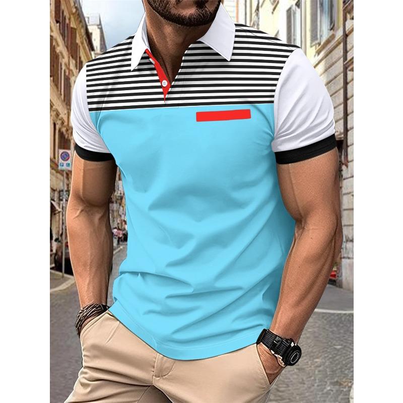 Men’s summer casual printed striped short-sleeved polo shirt with faux pockets and a lapel