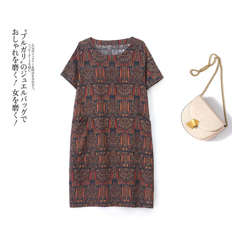 Summer 2025 Retro Print Cotton Linen Dress - Loose Fit for Middle-Aged and Elderly Women
