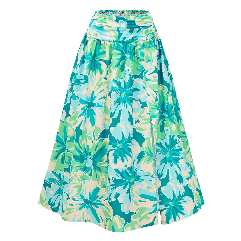 Women Spring Floral Print Skirt Summer Casual A-Line High Waist Middle Long Split Skirts S-XL