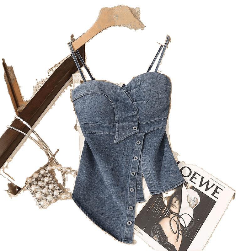 Spicy Girl Irregular Denim Bandeau Top – Sexy, Slimming Summer Style for Women