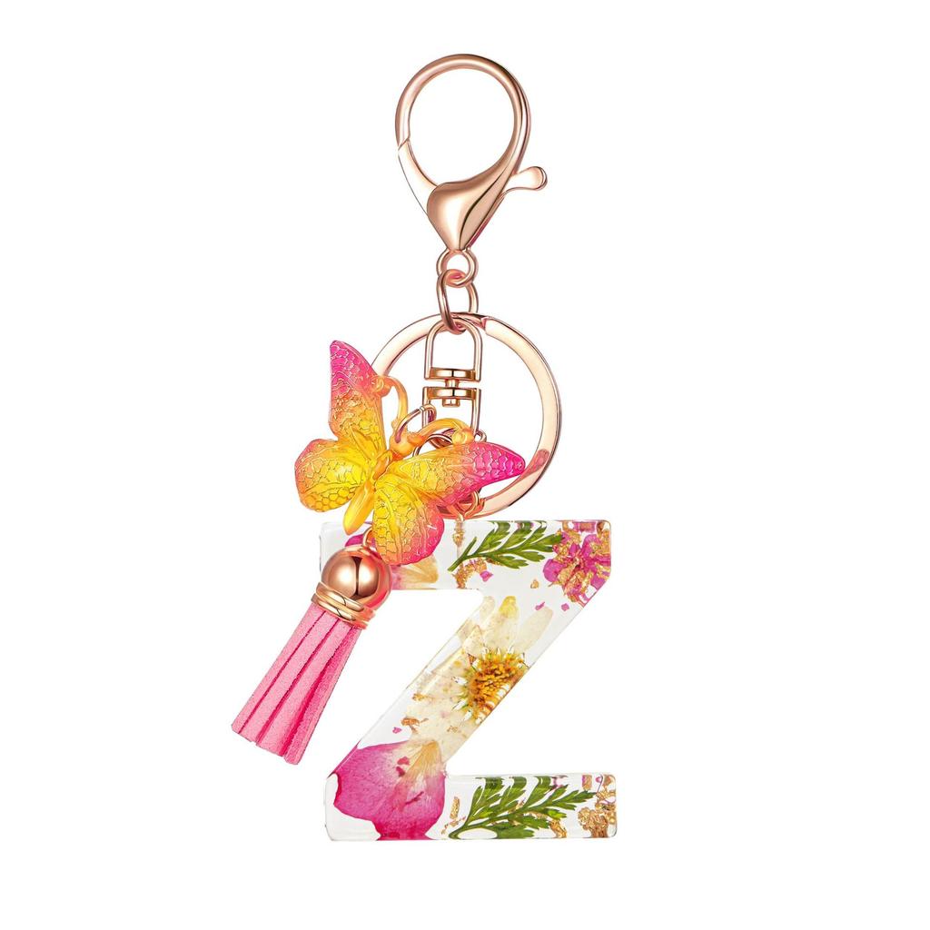 Flower Resin Keychain With Tassels And Butterfly Design 26 Letters Pendant Classic Retro Practical Durable Backpack Hanging Accessory