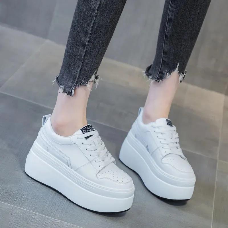 Fashion 8cm Cow Genuine Leather Autumn Spring Platform Wedge High Fashion Breathable Sneakers Chunky Casual Women Moccasins Shoes