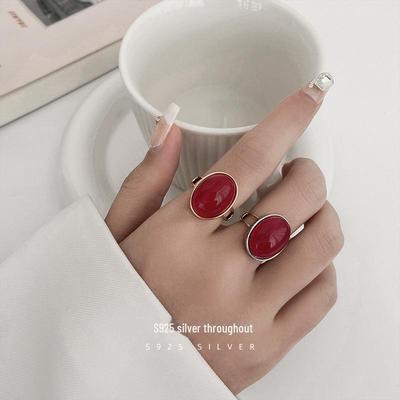 Retro Nanhong Geometric Red Ring In S925 Silver - French Style for Women