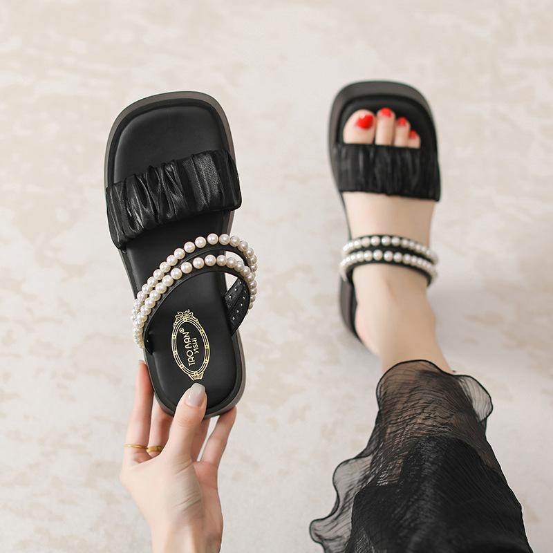 

Шлепанцы женские носят новые летние туфли на высоком каблуке, сандалии для пляжа на платформе, женская обувь с жемчугом, два способа носки, крутые шлепанцы 39 чёрный