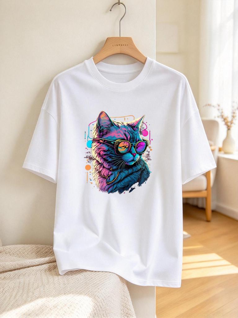 Unisex T Shirt Cool Neon Cat Print Casual Soft Comfortable Summer Tops