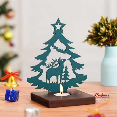 Wesołych Świąt Bożego Narodzenia Choinka Renifer Ozdobny Świecznik na Świeczki typu Tealight(Drewniany zielony)|Przedmioty do dekoracji świątecznych do domu i biura