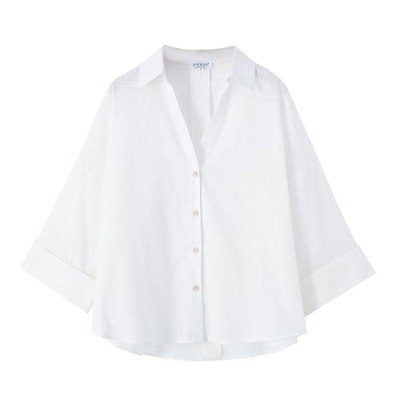 Fashion Style 2024 Autumn New Women's White Loose Sleeves Pure Linen Long Sleeves Shirt 8392707