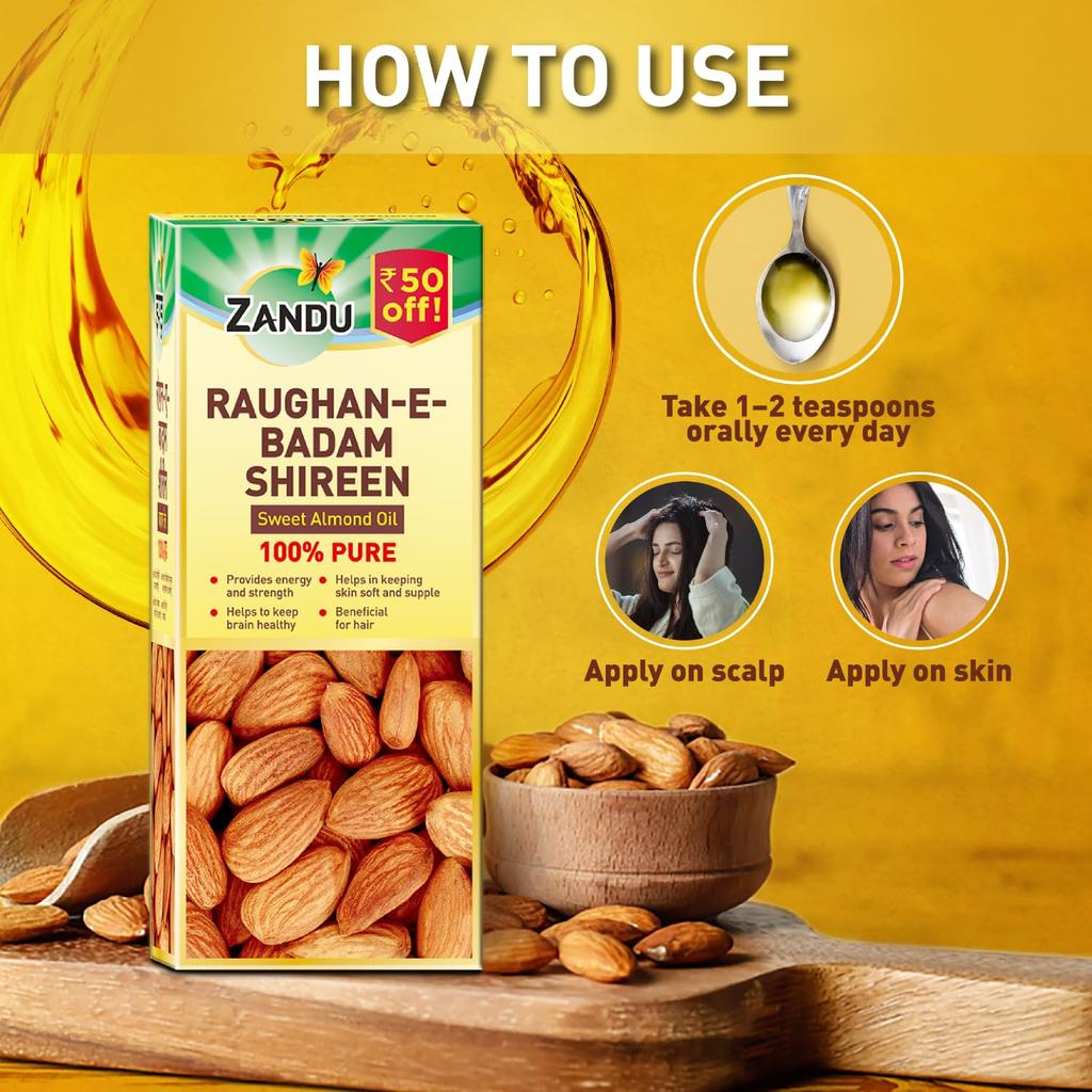 Zandu Raughan-E-Badam Shireen Sweet Almond Oil 100ml Pack of 1 for Skin Hair Energy and Wellness
