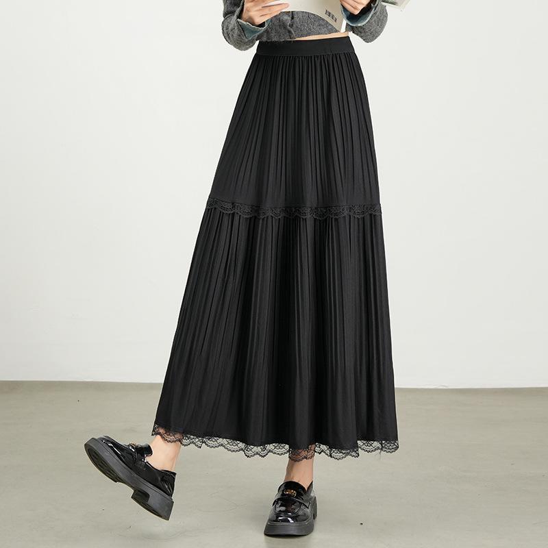 Autumn 2025 Korean-Style Lace Patchwork Pleated Skirt for Women with Elastic Waist
