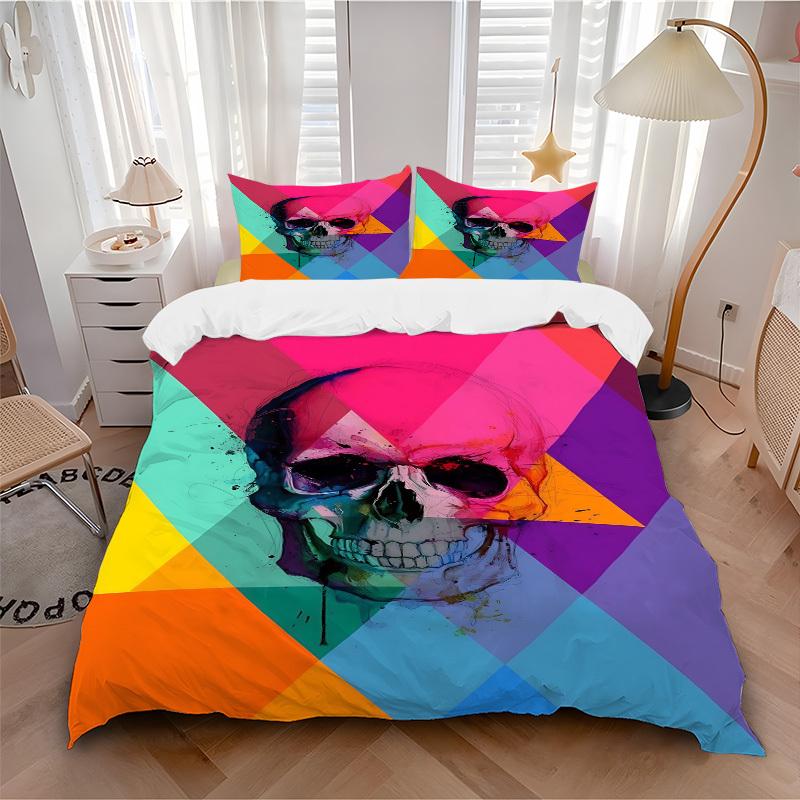 

3pcs bedding set Skull Vibrant Includes 1 Comforter + 2 Pillowcases, Without Pillow Inserts, Soft Comfortable,a0909069 135x200cm