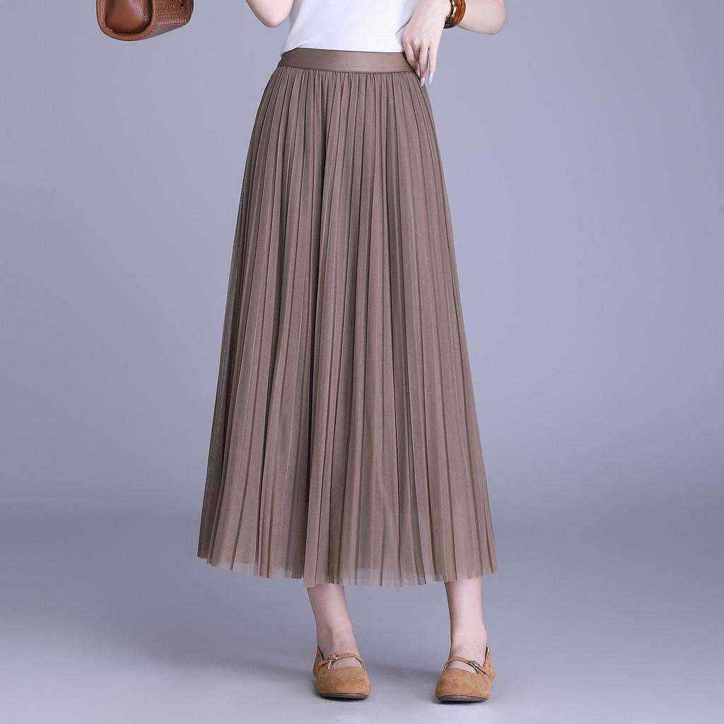 Solid Color High-Waisted Mesh Midi Skirt with Elastic Waist and Lurex Drape
