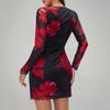 Women Evening Party Long Sleeve O Neck Mesh Flower Printed Package Hip One Piece Dress