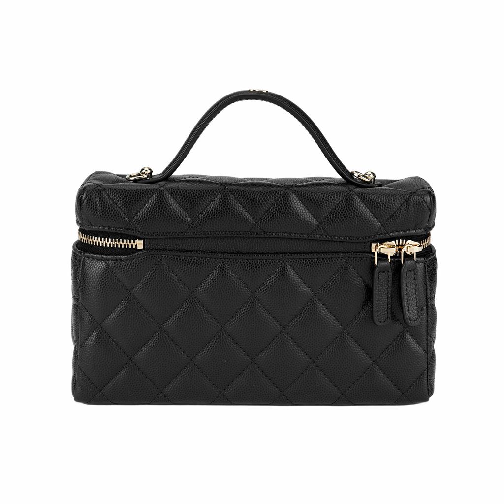 Chanel 26c Dvojité logo C Vzor kosočtverců Kožená řetízková krabička Vyrobeno z zrnité hovězí kůže Se zlatým kováním Taška přes rameno Dámská Černá