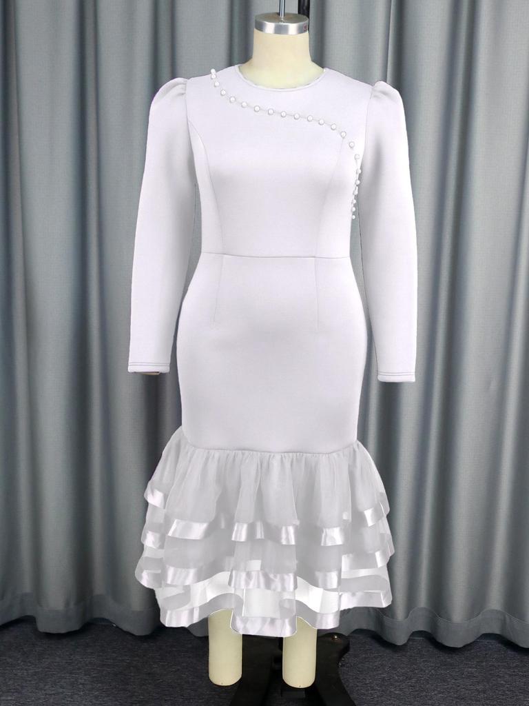 Plus Size Elegant White Long Sleeve Mermaid Dress with Mesh Layered Skirt