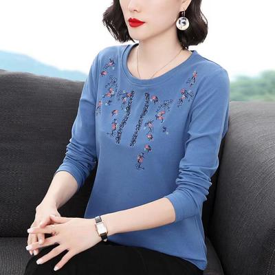 Cotton Embroidered Long Sleeved Tshirts Women's Spring Autumn New Mother's Clothing Loose Round Collar Bottoming Blouse Top 4XL