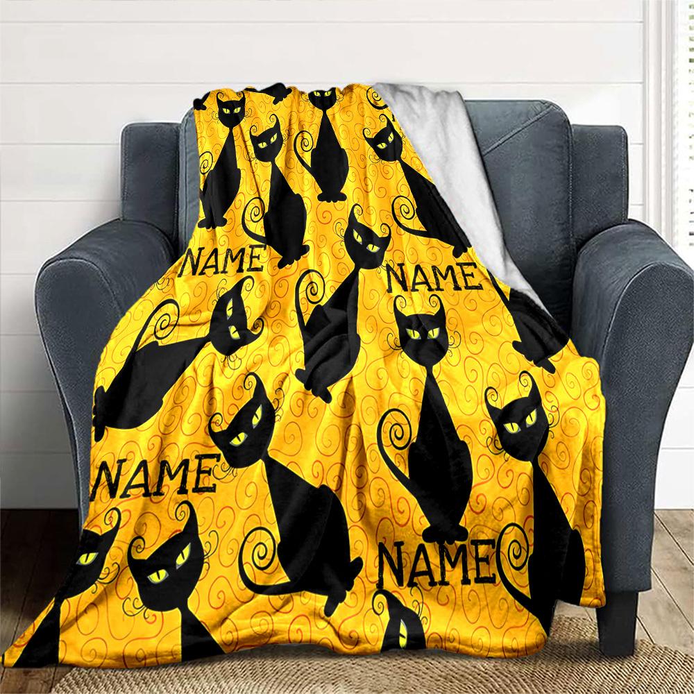 Black Cats With Eyes On Yellow Swirl Background Lightweight Customizable Blanket Personalized Name Soft Cozy Suitable For Sofa Couch Office Bed