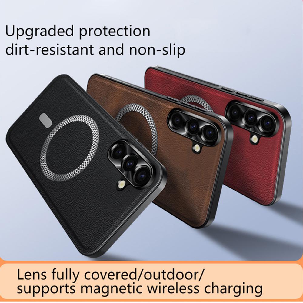 For Samsung Galaxy A55 5G Case Compatible with MagSafe PU TPU PC Phone Back Cover with Metal Lens Frame