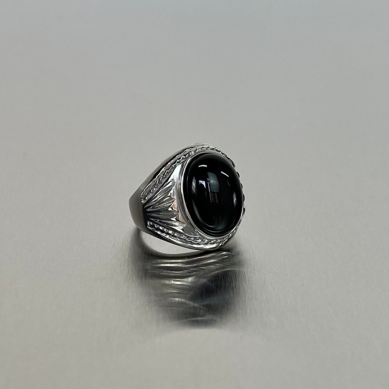 

Fashion Trendy Double Dragon Titanium Steel Men Diamond Black Onyx A Black Gem Oval Us Size 7