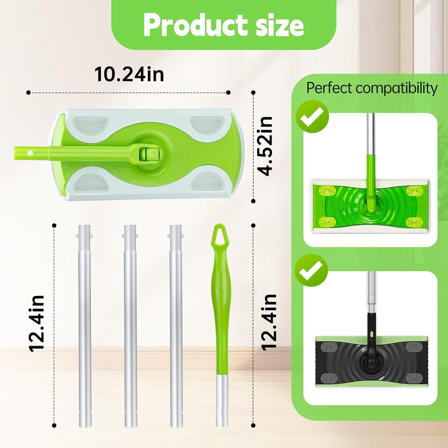 Ручка для швабры, совместимая со Swiffer, Зеленая, Очень длинная, Съемная, для сухой и влажной уборки Swiffer, Легко устанавливается и заменяется