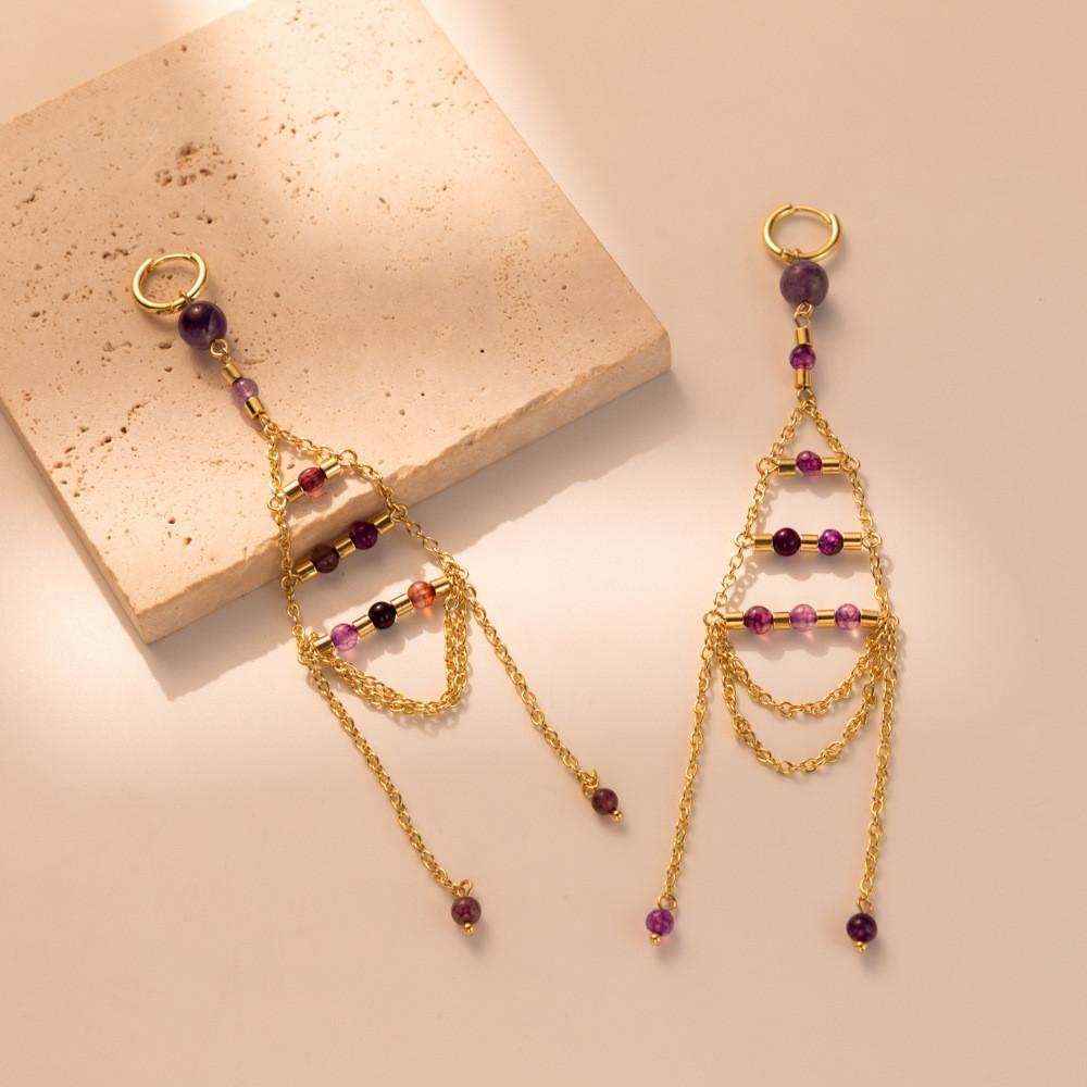 Elegant Geometric Gold Plated Purple Crystal Chain Dangle Earrings For Women