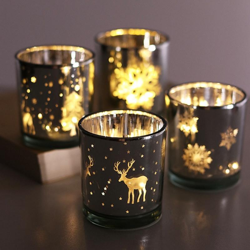 1pcMini Christmas Tree Elk Candle Cup Snowflake Glass Candle Holder Christmas Gift Store Home Dining Table Decoration Ornament