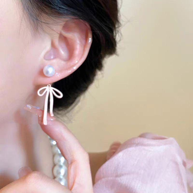 Pink Bow Dual-Wear Pearl Earrings - Unique Summer Back-Hanging Design, Light Luxury, High-End for Girls