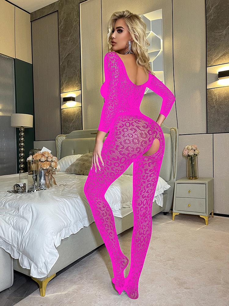 European Style Open Crotch Bodysuit: Long Sleeve, See-Through, Off-the-Shoulder Fishnet Lingerie