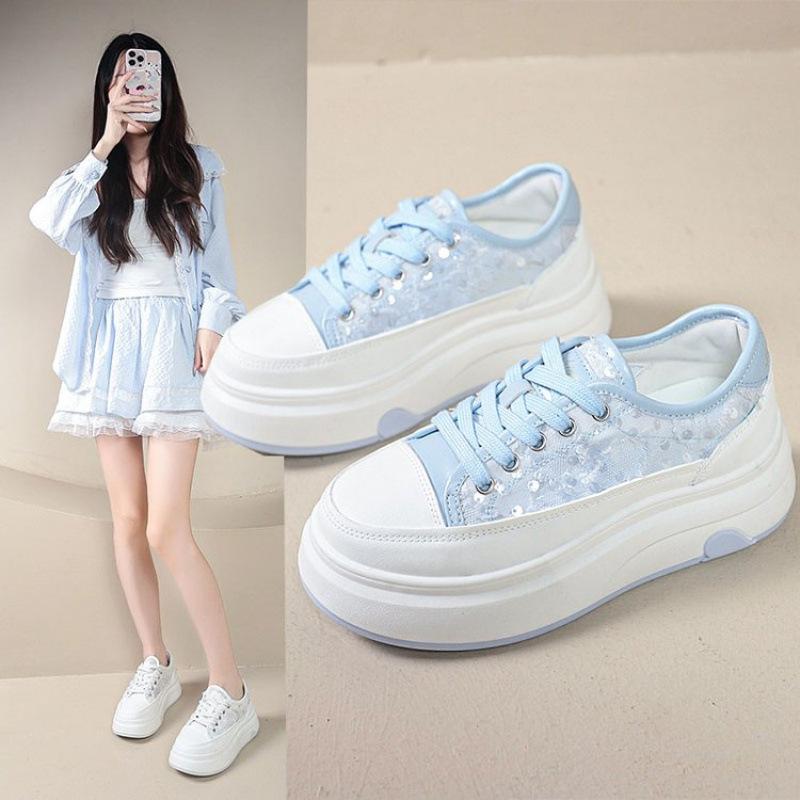 Rubber Women's Shoes Spring Four Seasons New Shoes Lace-up Beige Light Blue Green Single Shoes Increase Height and Breathability