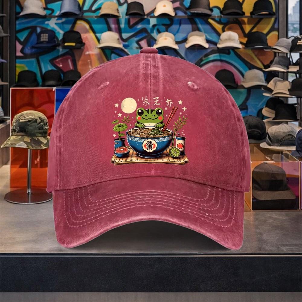 Frog Ramen Graphic Washed Denim Baseball Cap Adjustable Cotton Outdoor Casual Street Hat