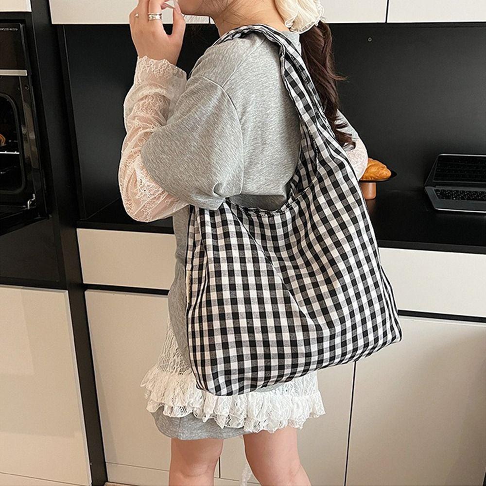 Vintage Single Shoulder Bag Large Capacity Women's Handbag Plaid Underarm Bags  Spring Summer