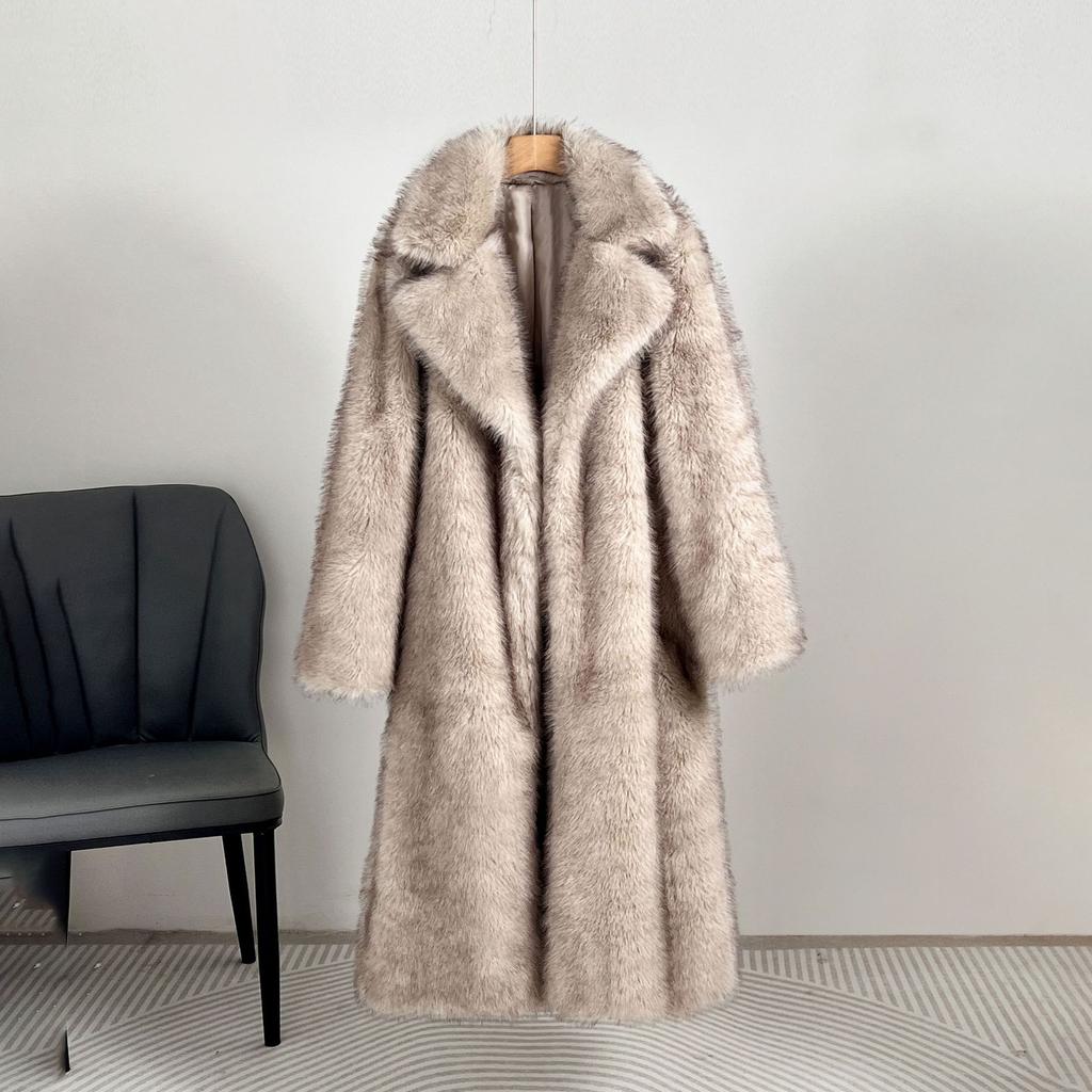 Langer flauschiger Kunstpelzmantel für Frauen Winterkleidung Verdicken Sie warme Reverskragen Plüschjacke Oberbekleidung Mantel weiblich