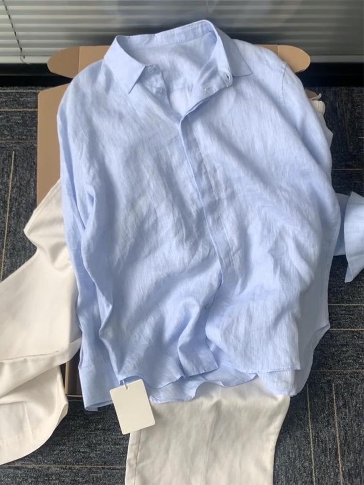 Women French Style Blue Linen Shirt Summer Thin Loose Old Money Long Sleeve Sun Protection Cotton Linen Blouse