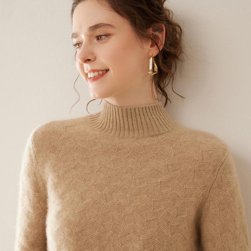 Twisted Flower Half-High Collar Cashmere Knit Sweater - Women's Loose Solid Color Casual Pullover, Long Sleeve Warm Top