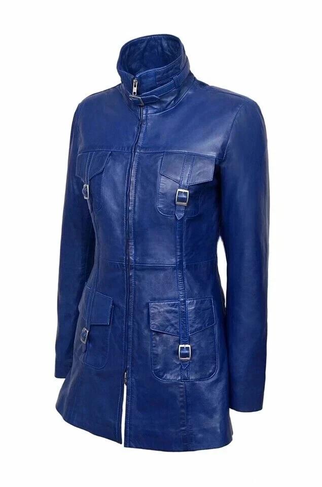 Lambskin Genuine Stylish Casual Fit Soft  Women Trench Coat Blue Handmade Leather Lambskin Genuine Stylish Casual Fit
