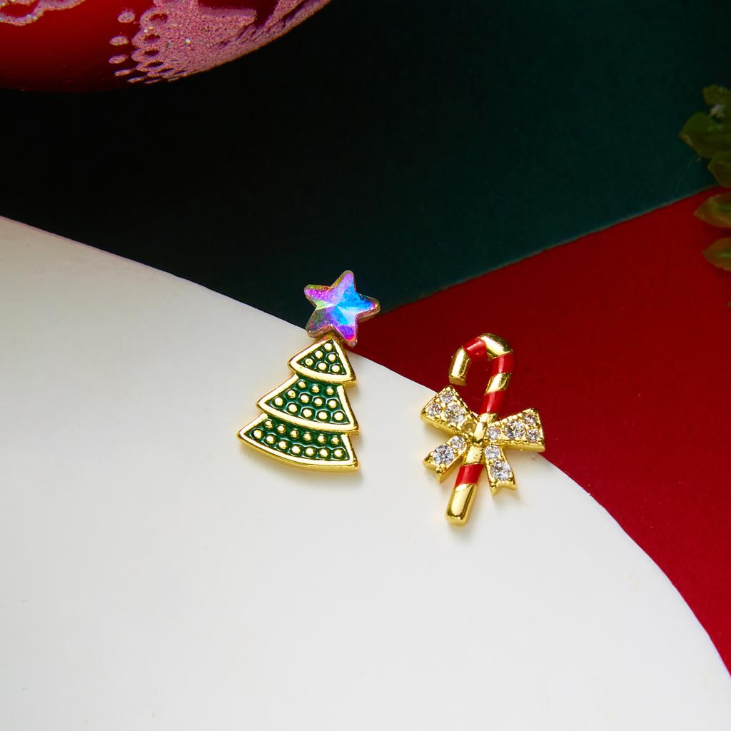 New Asymmetric Christmas Tree Candy Cane Stud Earrings For Women Crystal Zircon Star Bowknot Xmas Earring Holiday Party Jewelry