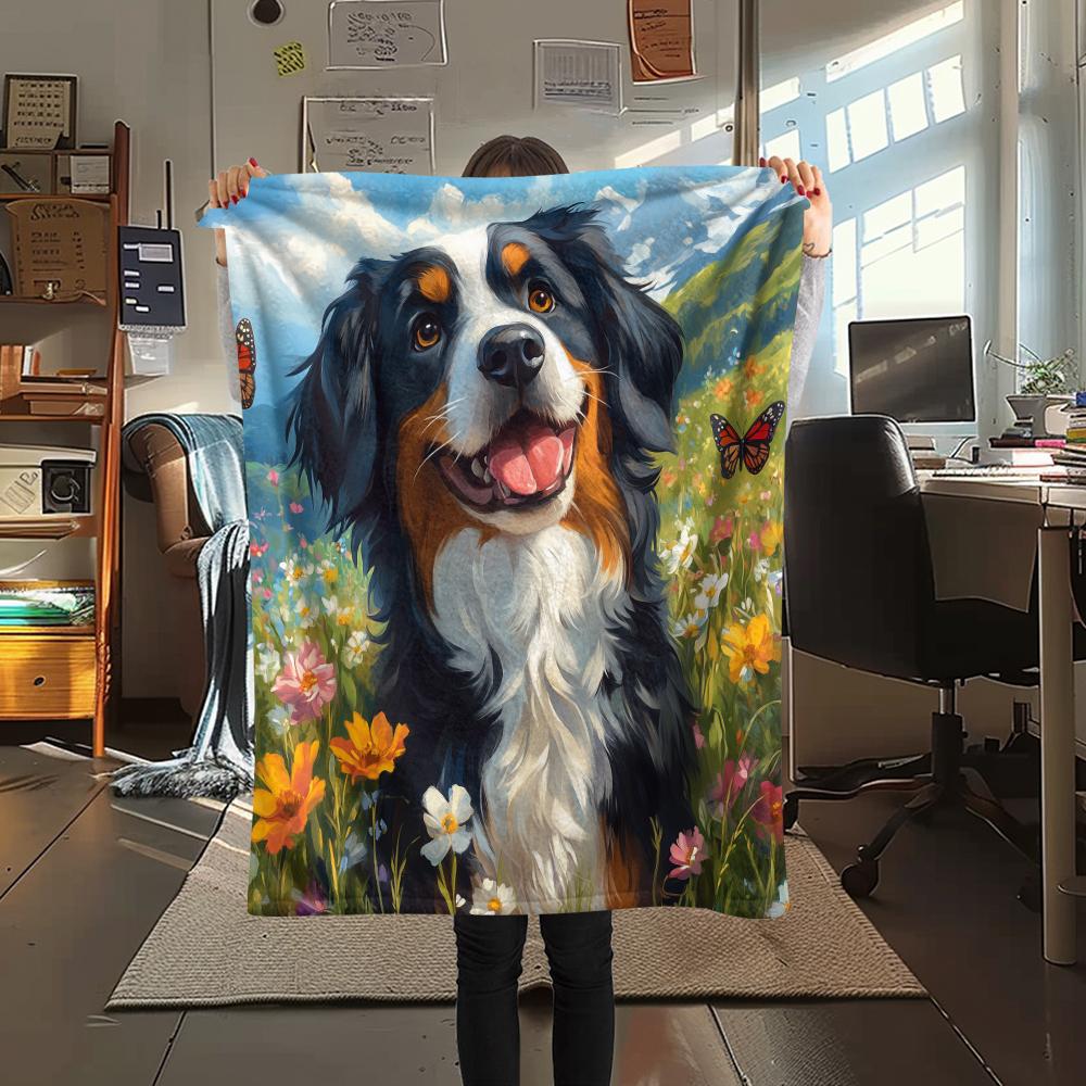 Bernese Mountain Dog and Flowers pattern Flannel Blanket, High quality Comfortable for All Seasons, Home Decor, Warmth and Comfort, Perfect for Gifts.