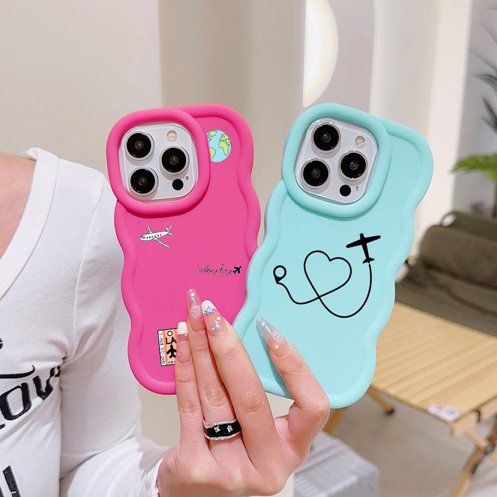 N68 Airplane Flight Trajectory Art Macaron Wavy Edge Phone Cases for iPhone 16 Pro Max Samsung S24 A35 A54 Xiaomi Redmi Note 13 Honor Shockproof Cover