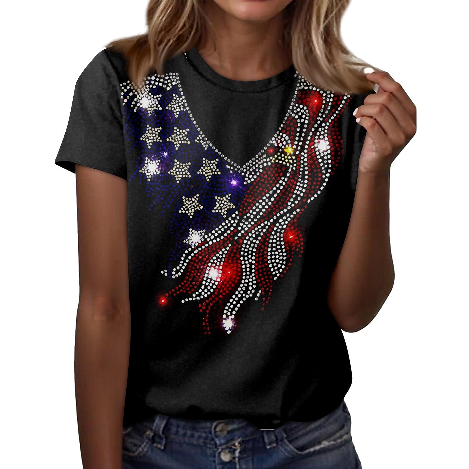 Women s Round Neck Independence Day Print Lightweight Spring/Summer Top L чёрный