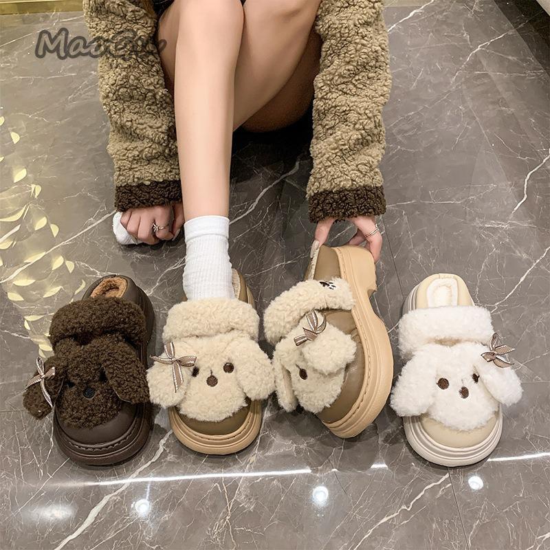Fashion Cute Short Plush Cartoon Puppy Indoor Slippers Women Winter Warm Faux Fur Cotton Slides Comfortable Thick Bottom Bedroom Slipper