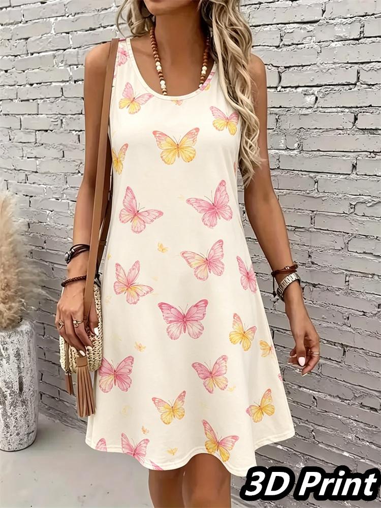 Lässiges Damen Tanktop-Kleid Sommer Ärmellos O-Ausschnitt 3D-Druck Locker A-Linien-Kleid Strand-Westenkleid