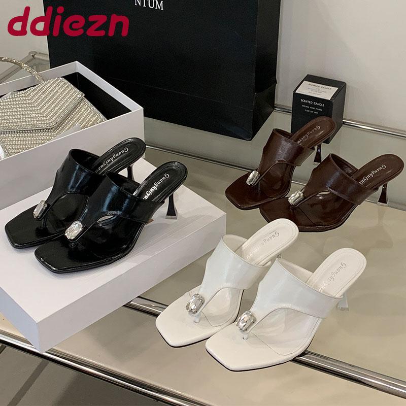 Fashion Luxury Rhinestones Ladies Heels Slippers Shoes Fashion Square Toe Women Heeled Slippers Female Slides Sandals Flip Flops Pumps
