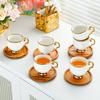 6Pcs European Style Luxury Mini Ceramic Coffee Cups with Wood Dish Gold Edged Mug Afternoon Tea Cup Set Household Drinkware