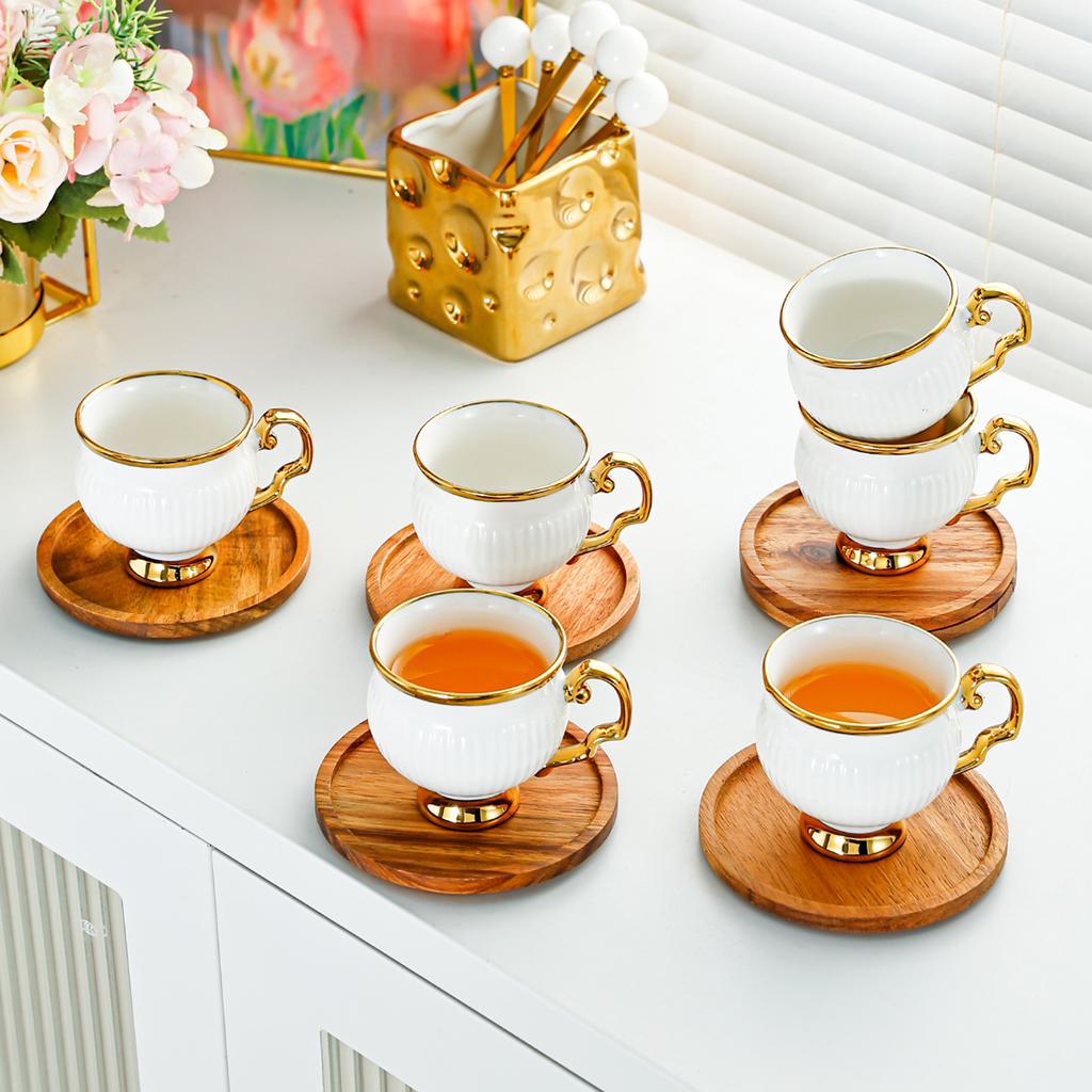 6Pcs European Style Luxury Mini Ceramic Coffee Cups with Wood Dish Gold Edged Mug Afternoon Tea Cup Set Household Drinkware