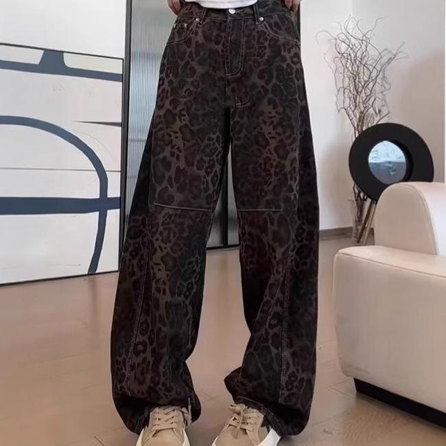 

Plus Size Leopard Print High Waist Wide Leg Jeans for Women (Autumn/Winter 2025) S