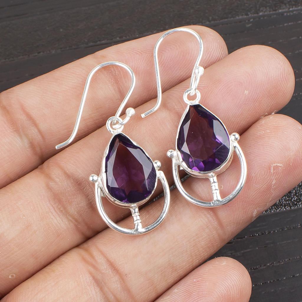African Amethyst Gemstone 925 Sterling Silver Handcrafted Jewelry Designer Earrings 1.60" For Anniversary Gift EE-47-9