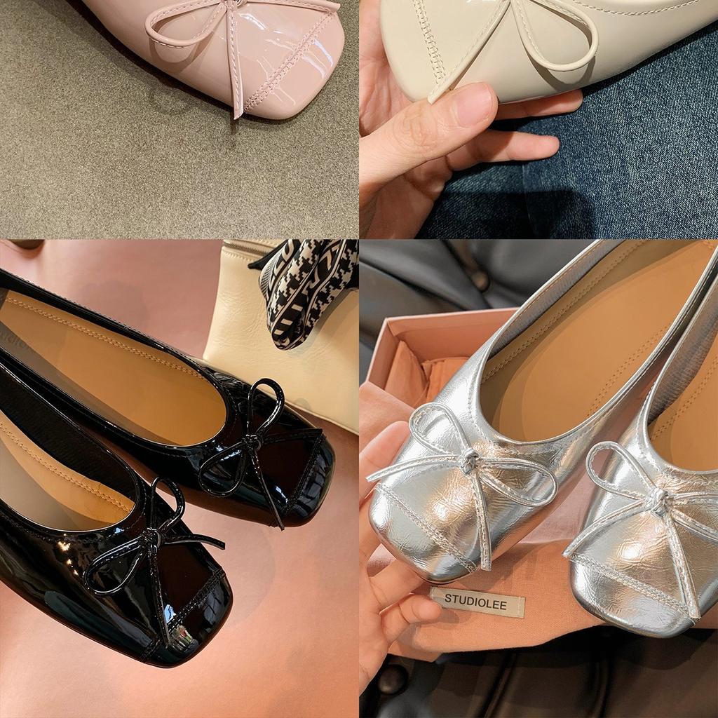 ~ Sweet Temperament Versatile Bow Square Head Small Thick Heel Light Mouth Ballet Style Single Shoes Women