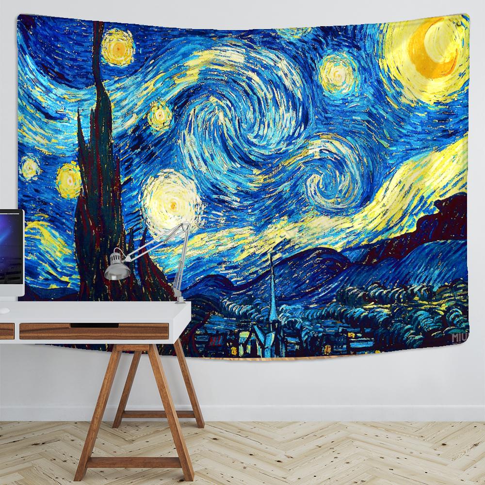 Wandteppich mit berühmtem Van Gogh-Druck, Decke, Wandbehang, Stern, Mond, Nacht, Wandteppich, dekorative Decke, Stoff, Schlafzimmer, 200 x 150 cm, groß