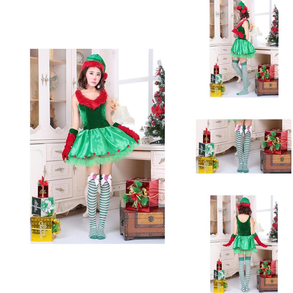 Premium Quality Women's Fashion Sexy Green Christmas Cosplay Elf Costume Dress Set