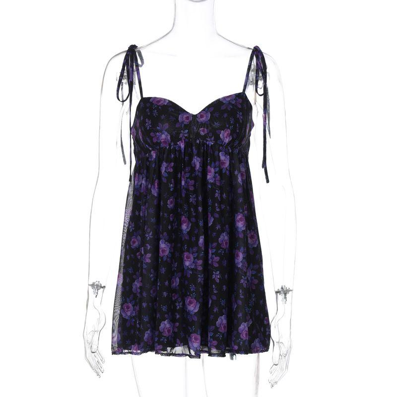 

Shemoda Фиолетовое платье на бретелях с цветочным принтом Женское Сетчатое лоскутное Нишевый стиль Повседневное Чистое желание Сексуальная юбка Purple L