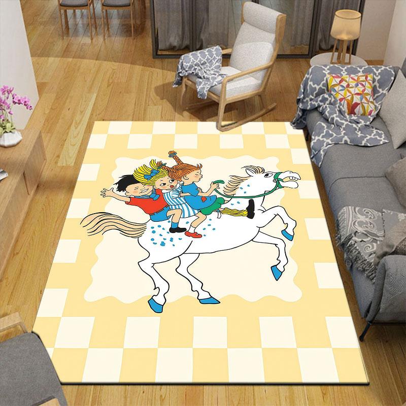 Pippi Cartoon Flannel Printed Carpet, Home Sofa Decoration for Living Room & Bedroom, Non‑Slip Play Flannel Floor Mat for Game Room